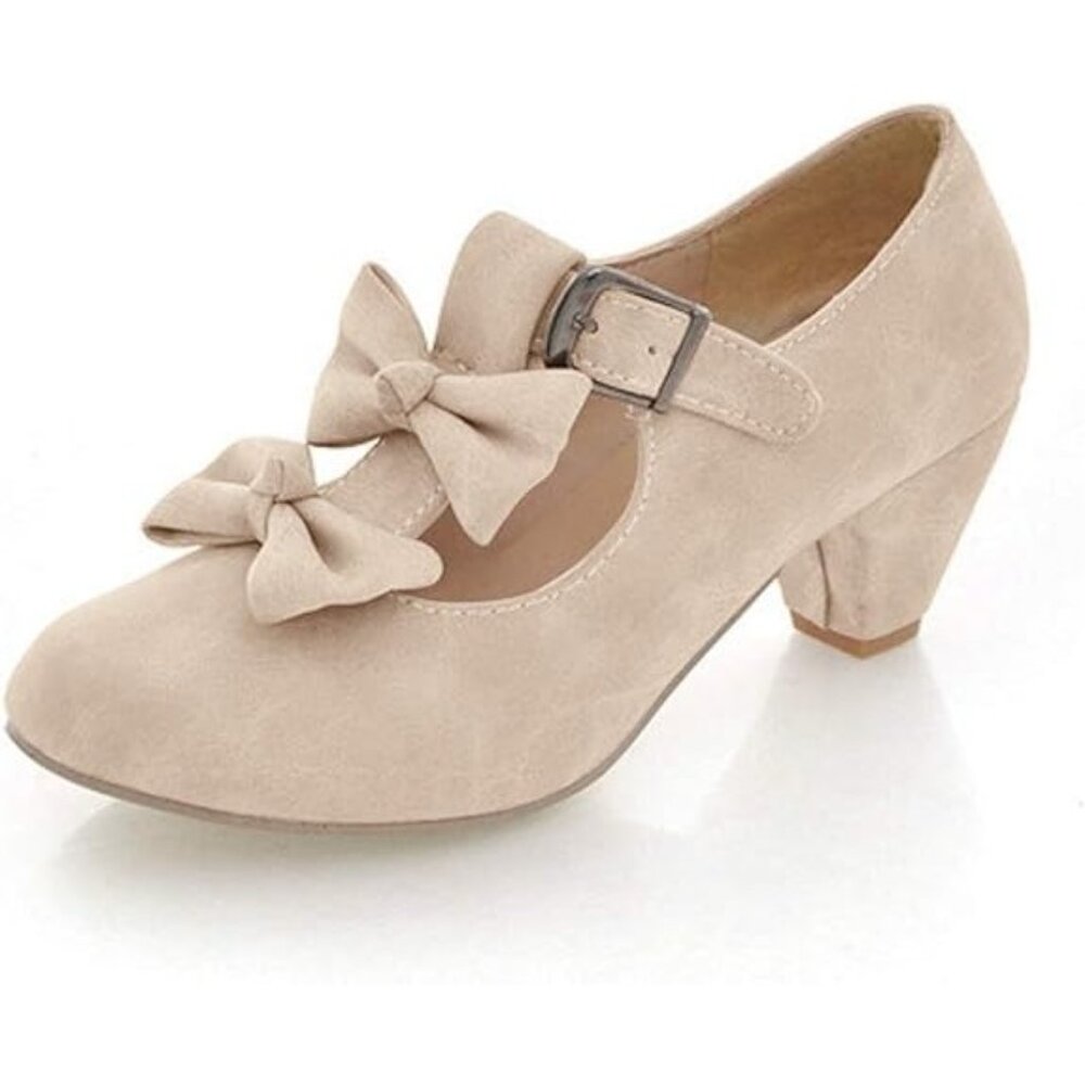 Mfairy Size 8 Vintage Lolita Bowknot Mary Jane Beige Fabric Shoes Buckle Strap